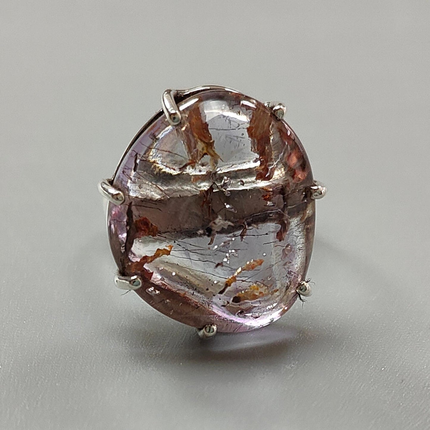 Super Seven Plain Silver Ring: 9.56gms Natural Untreated Amethyst Fancy Shape Plain 925 Sterling Silver Prong Set Adjustable Ring