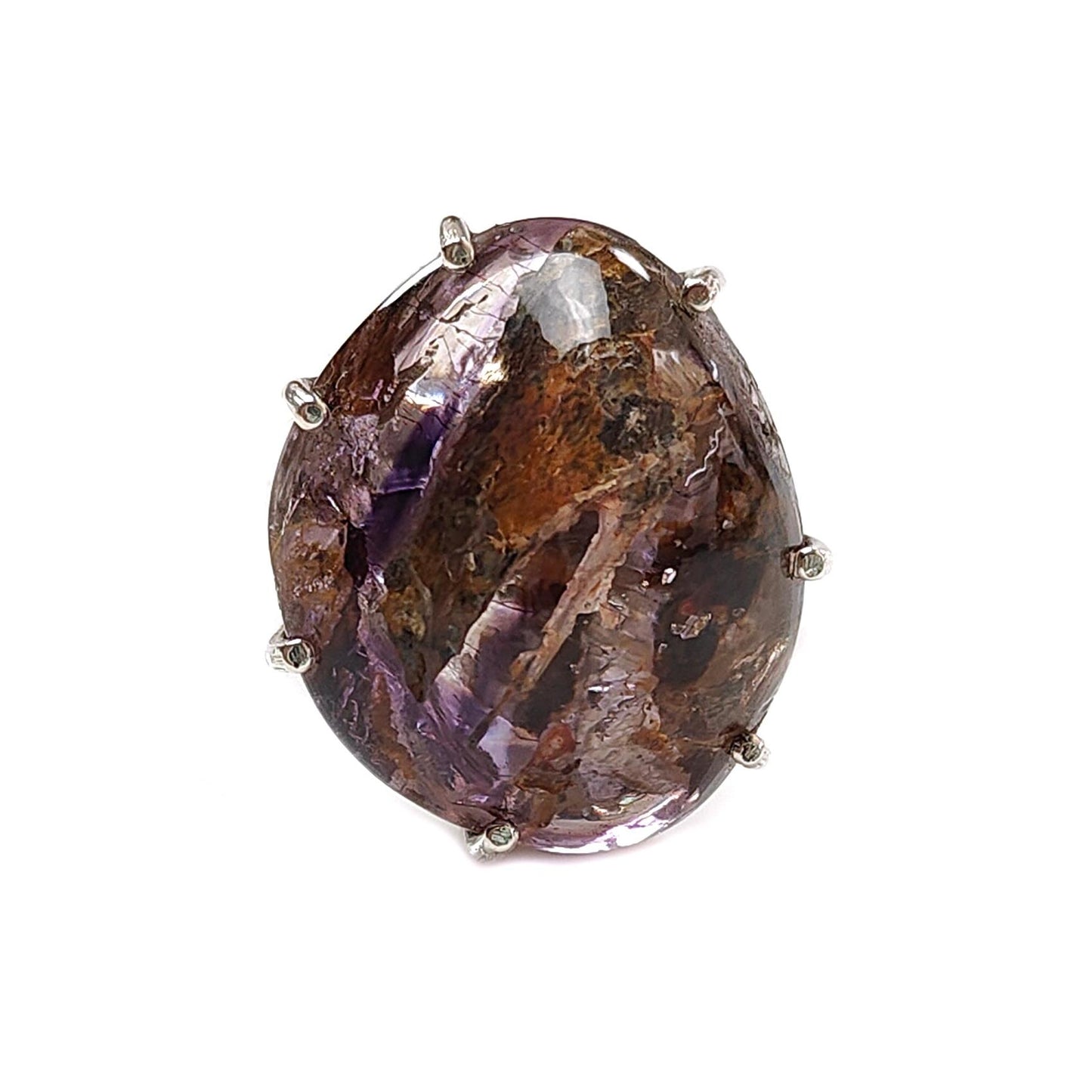 Super Seven Plain Silver Ring: 10.00gms Natural Untreated Amethyst Fancy Shape Plain 925 Sterling Silver Prong Set Adjustable Ring