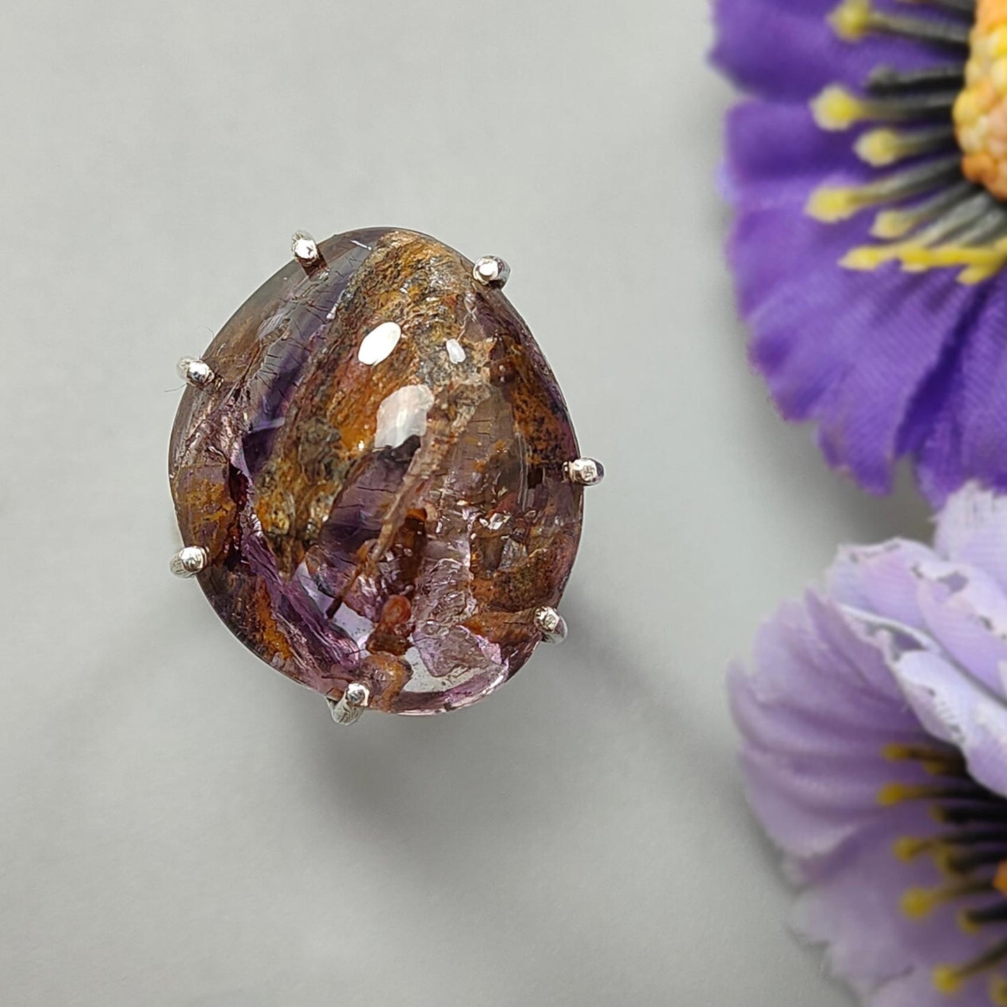 Super Seven Plain Silver Ring: 10.00gms Natural Untreated Amethyst Fancy Shape Plain 925 Sterling Silver Prong Set Adjustable Ring