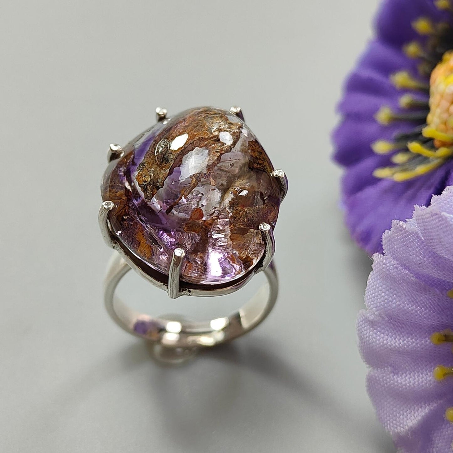 Super Seven Plain Silver Ring: 10.00gms Natural Untreated Amethyst Fancy Shape Plain 925 Sterling Silver Prong Set Adjustable Ring