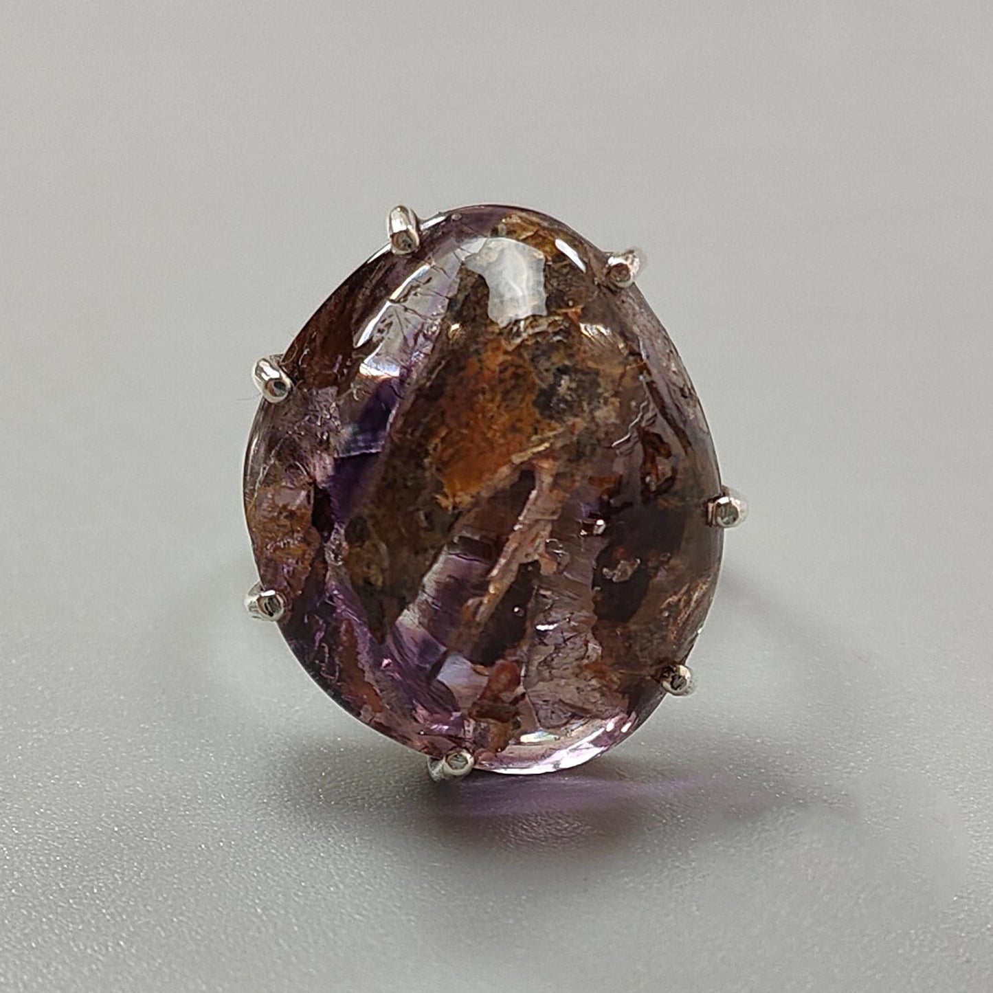 Super Seven Plain Silver Ring: 10.00gms Natural Untreated Amethyst Fancy Shape Plain 925 Sterling Silver Prong Set Adjustable Ring