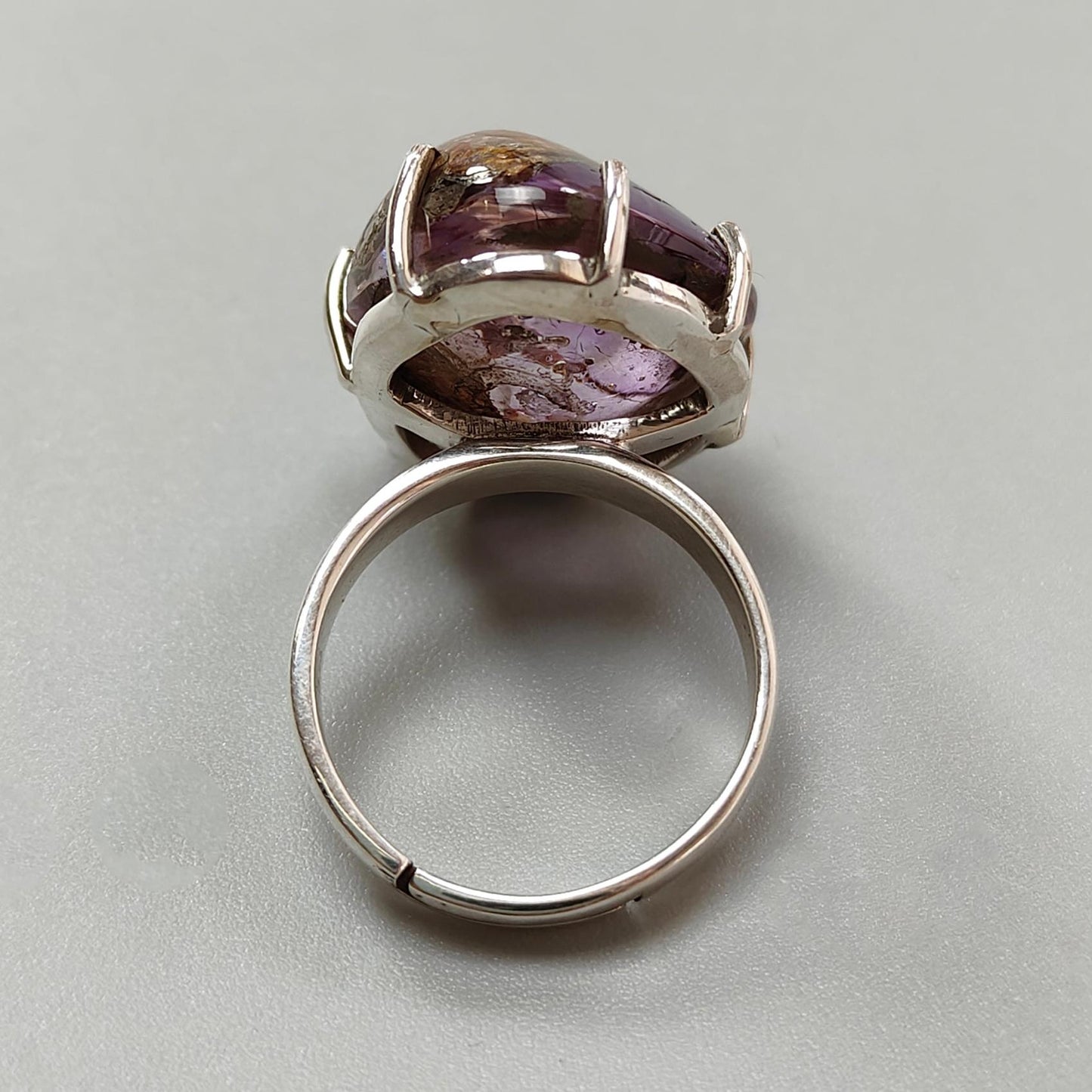 Super Seven Plain Silver Ring: 10.00gms Natural Untreated Amethyst Fancy Shape Plain 925 Sterling Silver Prong Set Adjustable Ring