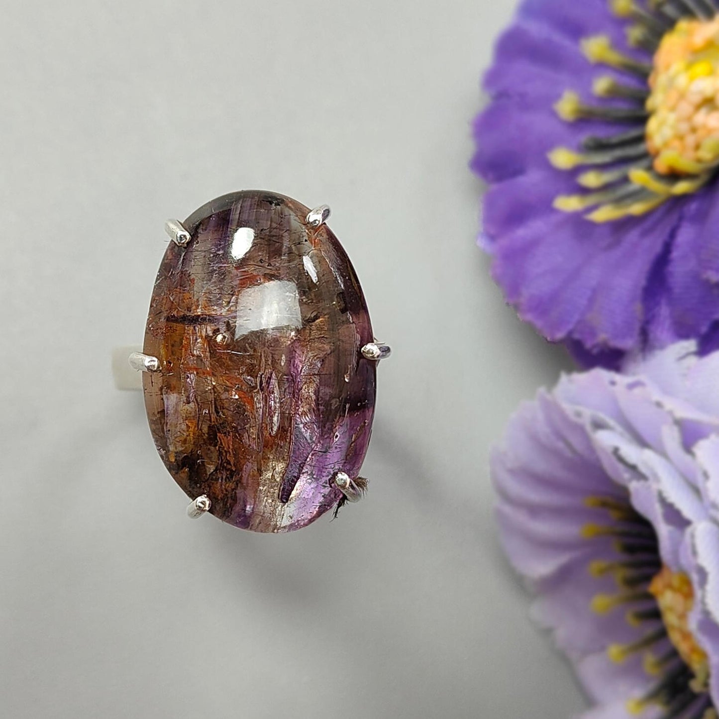 Super Seven Plain Silver Ring: 10.26gms Natural Untreated Amethyst Fancy Shape Plain 925 Sterling Silver Prong Set Adjustable Ring