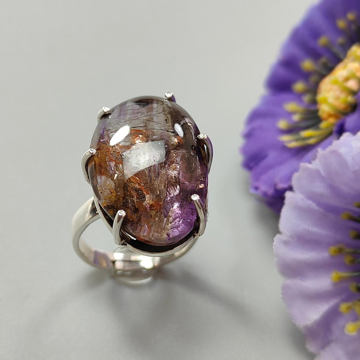 Super Seven Plain Silver Ring: 10.26gms Natural Untreated Amethyst Fancy Shape Plain 925 Sterling Silver Prong Set Adjustable Ring