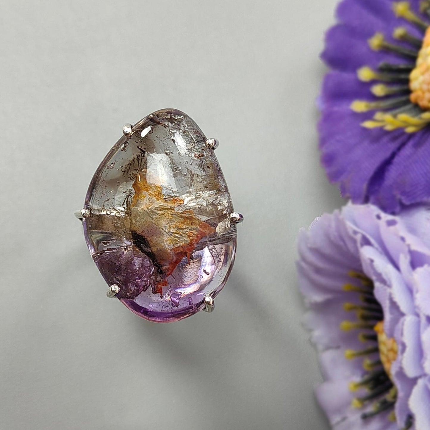 Super Seven Plain Silver Ring: 10.26gms Natural Untreated Amethyst Fancy Shape Plain 925 Sterling Silver Prong Set Adjustable Ring