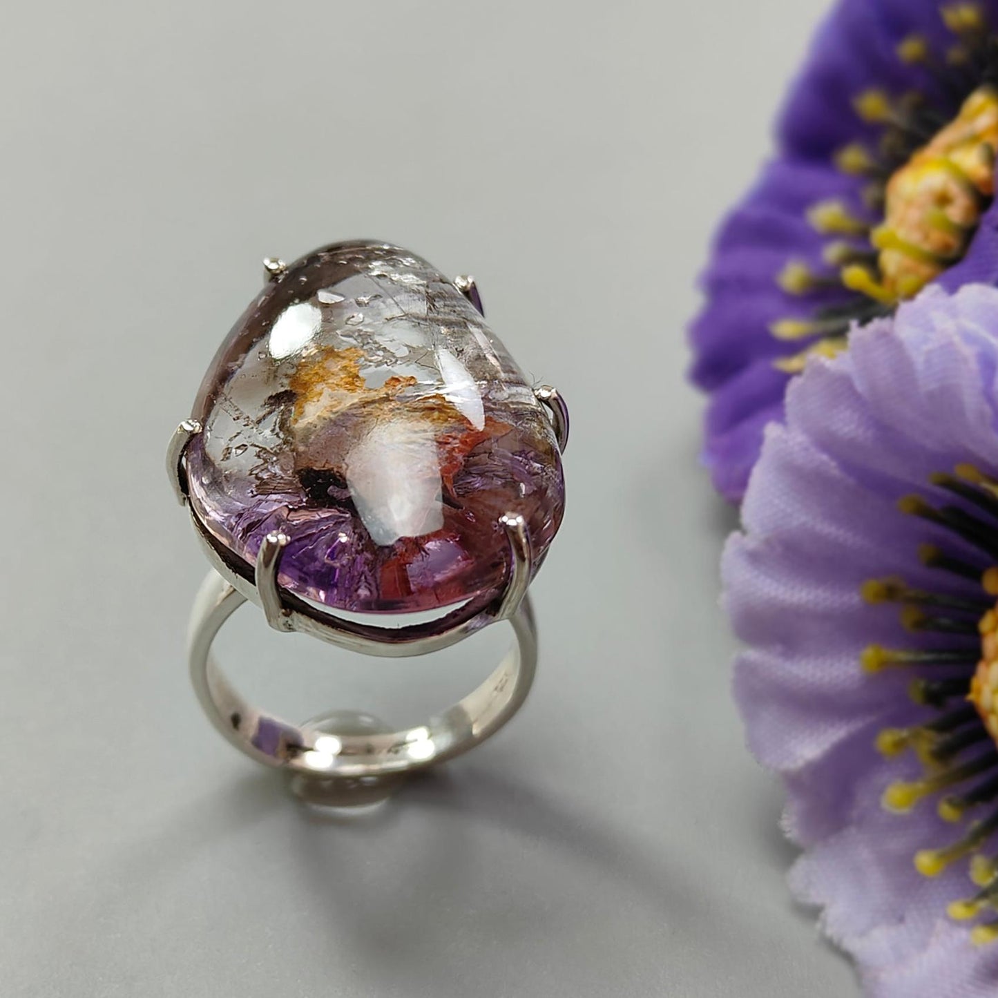 Super Seven Plain Silver Ring: 10.26gms Natural Untreated Amethyst Fancy Shape Plain 925 Sterling Silver Prong Set Adjustable Ring