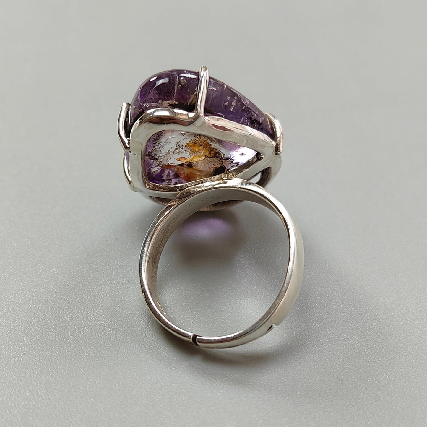 Super Seven Plain Silver Ring: 10.26gms Natural Untreated Amethyst Fancy Shape Plain 925 Sterling Silver Prong Set Adjustable Ring