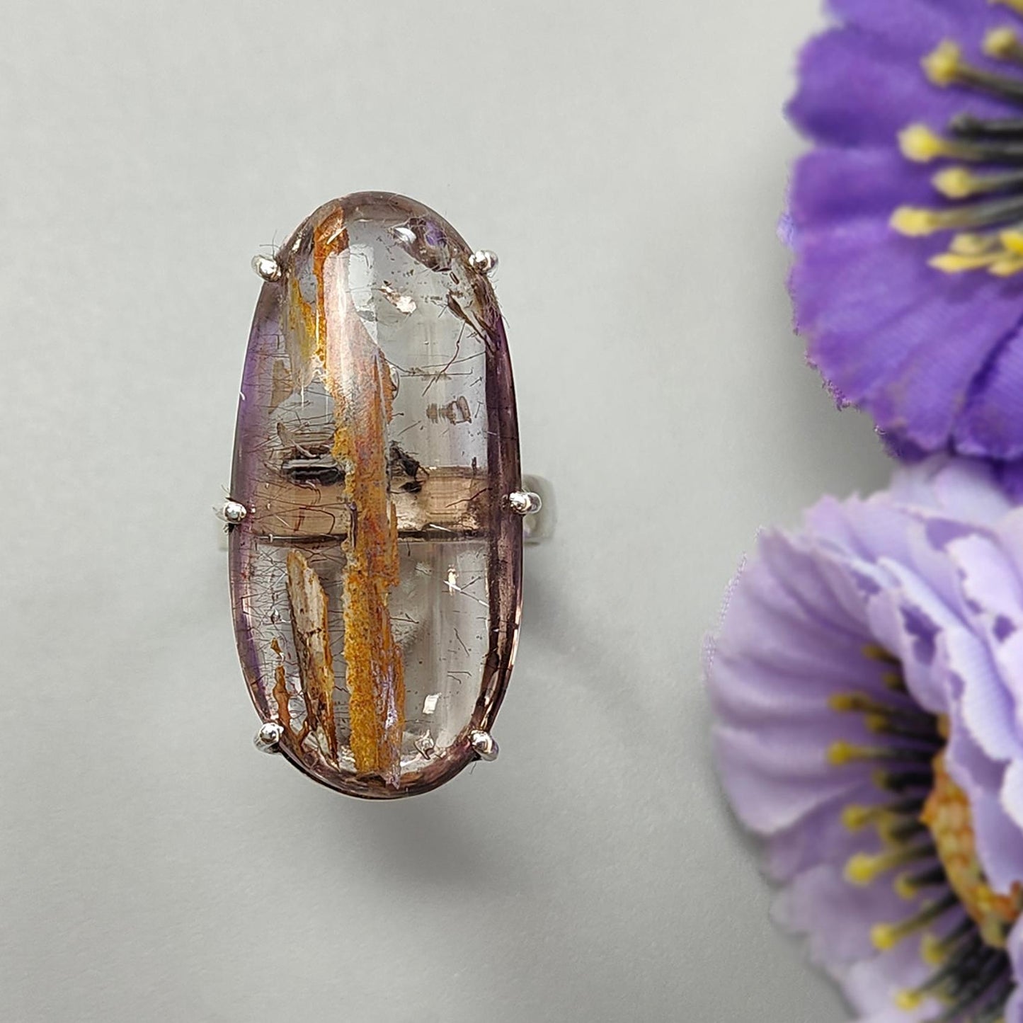 Super Seven Plain Silver Ring: 11.00gms Natural Untreated Amethyst Fancy Shape Plain 925 Sterling Silver Prong Set Adjustable Ring