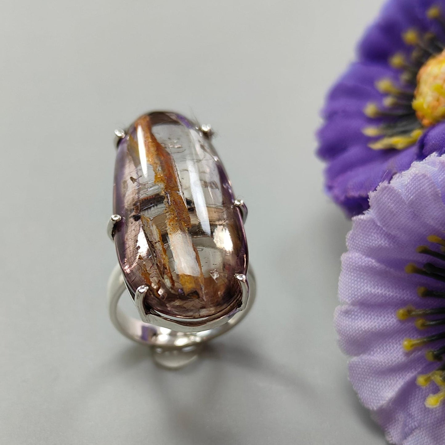 Super Seven Plain Silver Ring: 11.00gms Natural Untreated Amethyst Fancy Shape Plain 925 Sterling Silver Prong Set Adjustable Ring