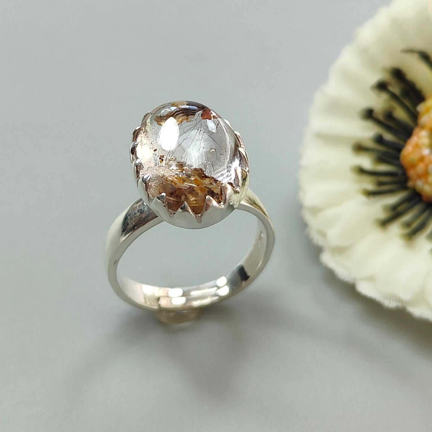 Amethyst Plain Silver Ring: 5.14gms Natural Untreated Super Seven Amethyst Fancy Shape Plain 925 Sterling Silver Bezel Set Adjustable Ring