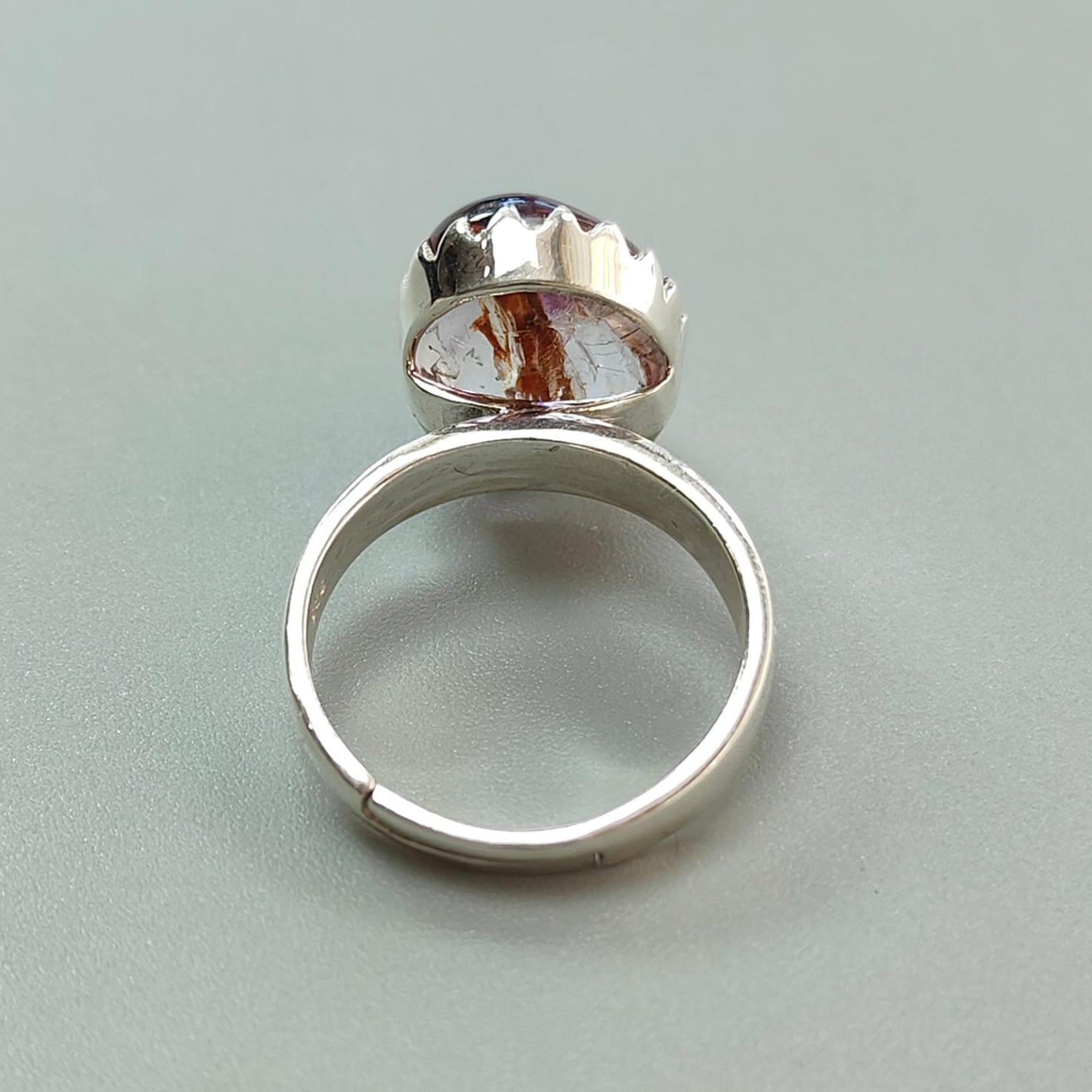 Amethyst Plain Silver Ring: 5.16gms Natural Untreated Super Seven Amethyst Oval Shape Plain 925 Sterling Silver Bezel Set Adjustable Ring