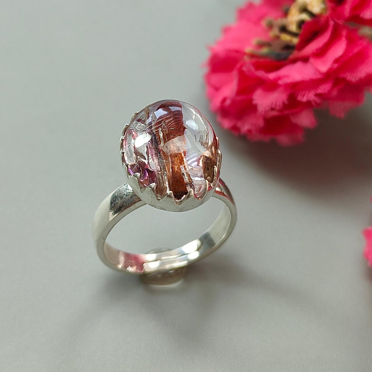 Amethyst Plain Silver Ring: 5.16gms Natural Untreated Super Seven Amethyst Oval Shape Plain 925 Sterling Silver Bezel Set Adjustable Ring