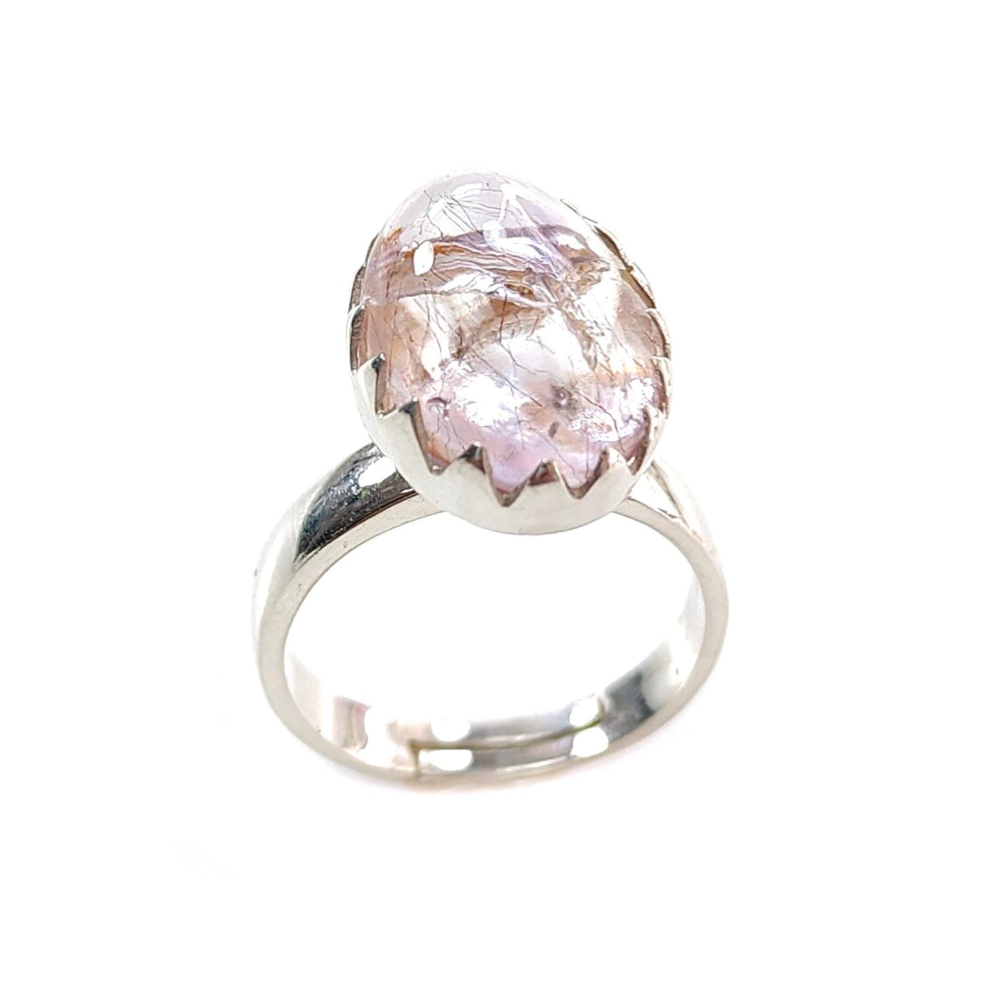 Amethyst Plain Silver Ring: 5.47gms Natural Untreated Super Seven Amethyst Oval Shape Plain 925 Sterling Silver Bezel Set Adjustable Ring