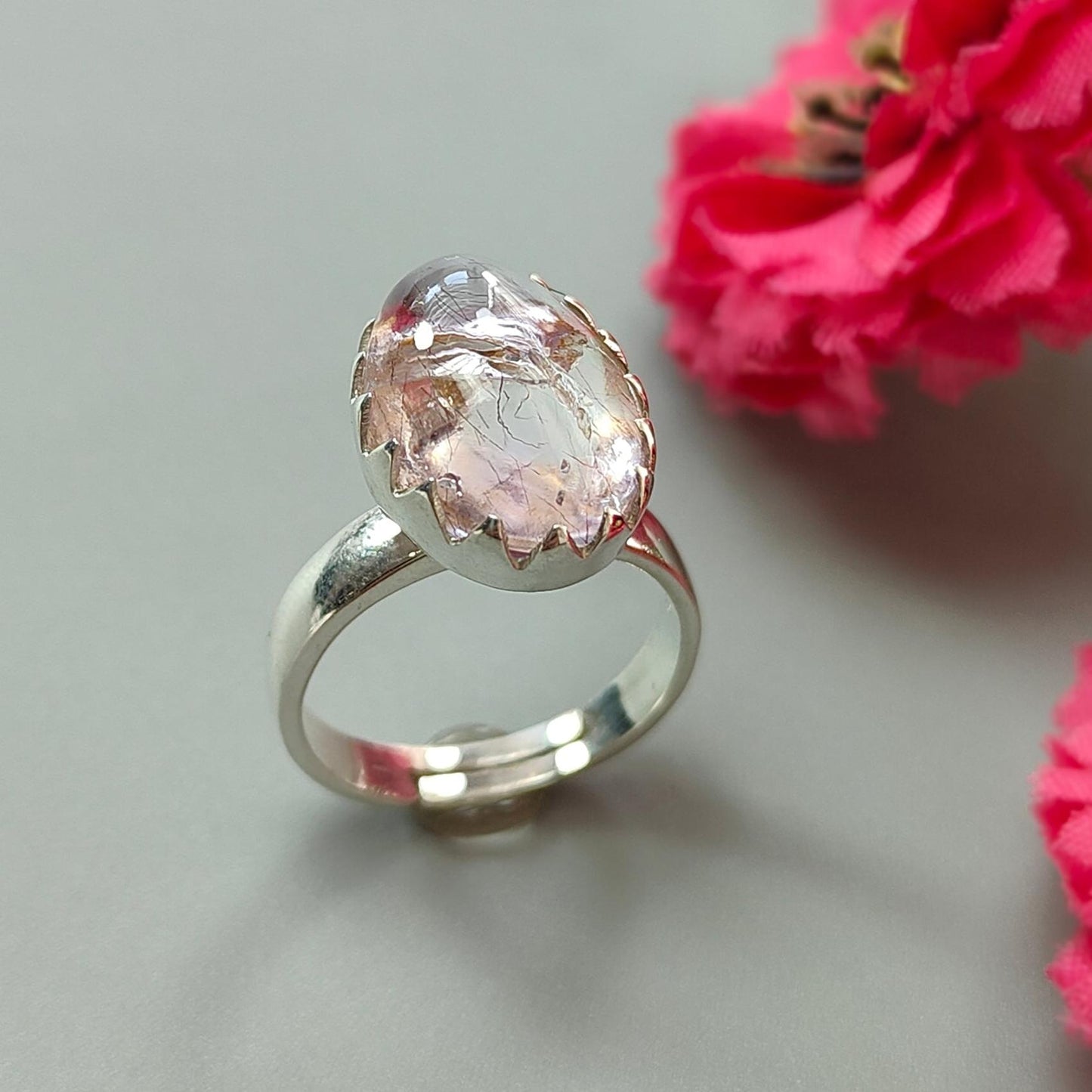 Amethyst Plain Silver Ring: 5.47gms Natural Untreated Super Seven Amethyst Oval Shape Plain 925 Sterling Silver Bezel Set Adjustable Ring