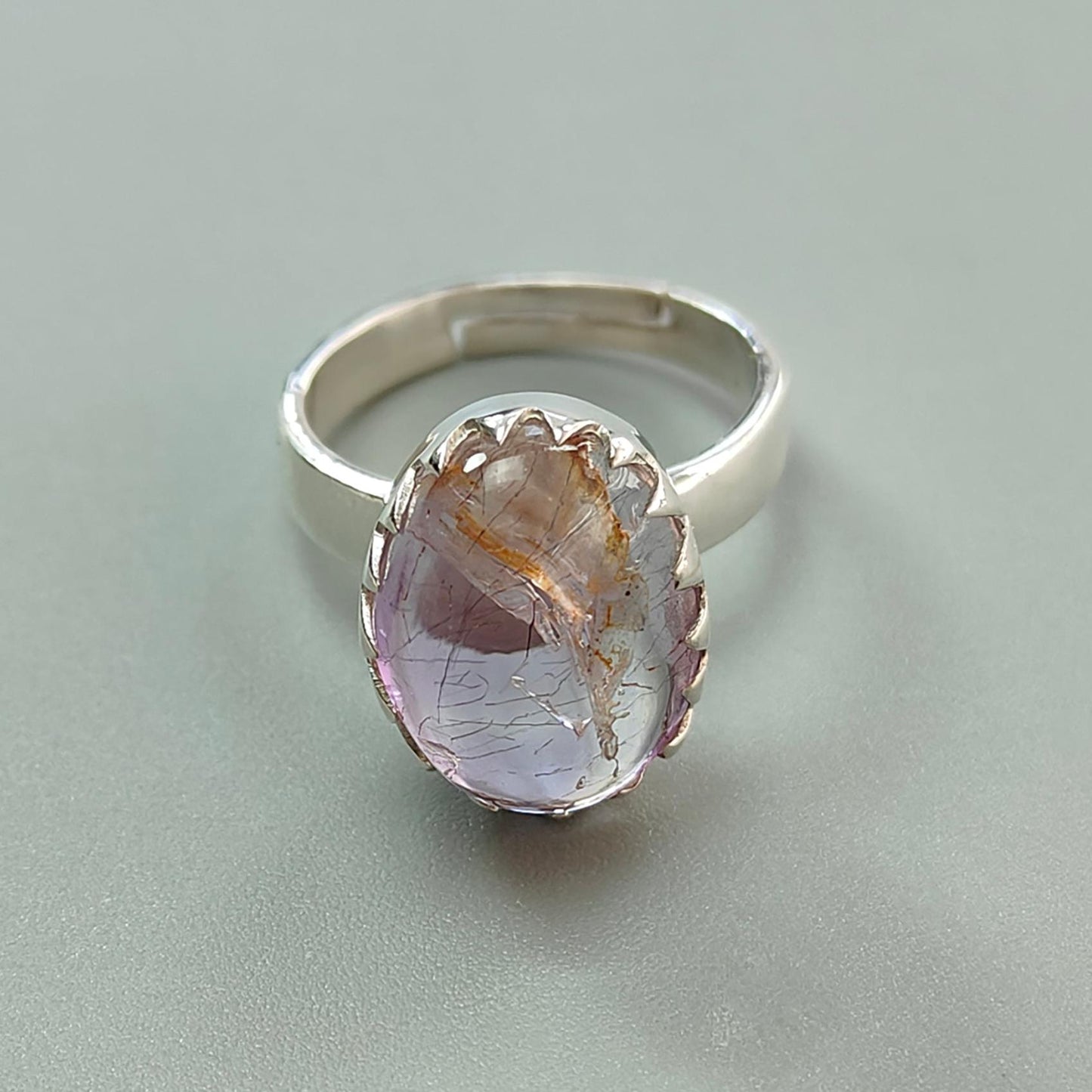 Amethyst Plain Silver Ring: 5.47gms Natural Untreated Super Seven Amethyst Oval Shape Plain 925 Sterling Silver Bezel Set Adjustable Ring