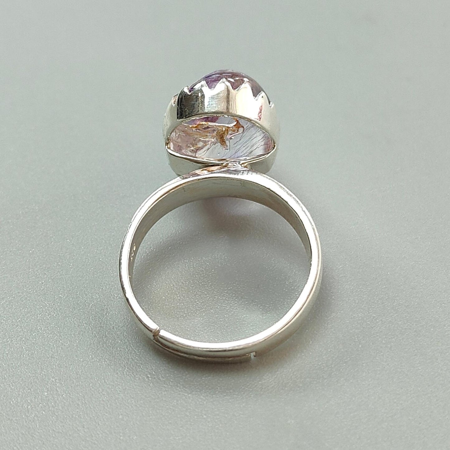 Amethyst Plain Silver Ring: 5.47gms Natural Untreated Super Seven Amethyst Oval Shape Plain 925 Sterling Silver Bezel Set Adjustable Ring