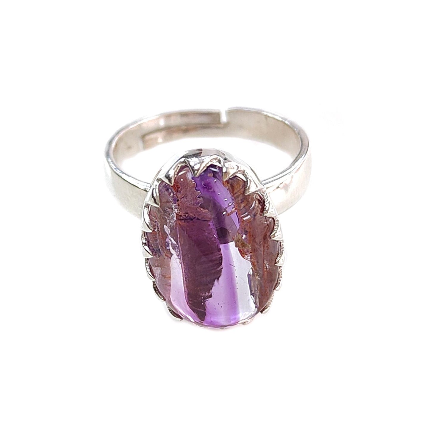 Amethyst Plain Silver Ring: 5.47gms Natural Untreated Super Seven Amethyst Oval Shape Plain 925 Sterling Silver Bezel Set Adjustable Ring