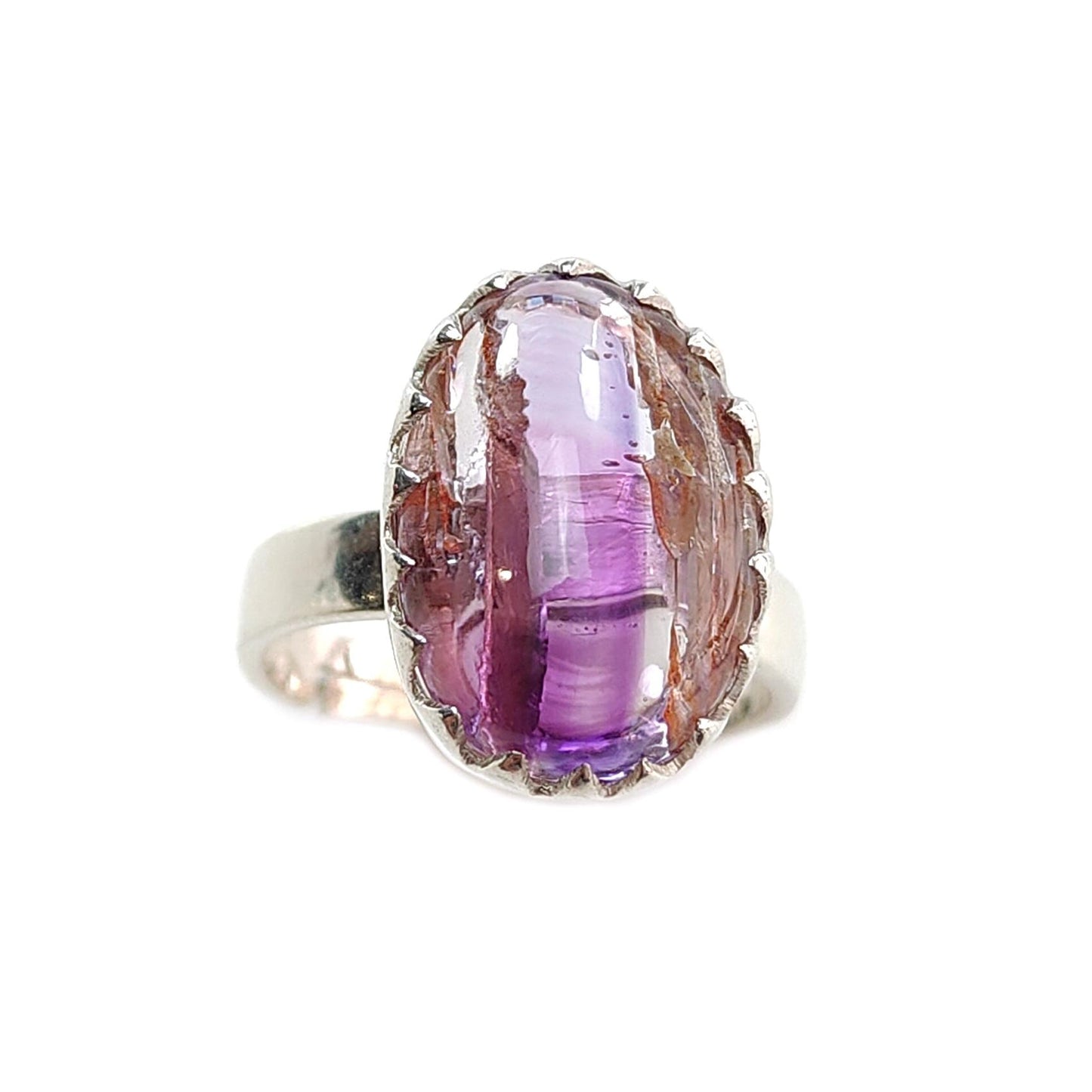Amethyst Plain Silver Ring: 5.47gms Natural Untreated Super Seven Amethyst Oval Shape Plain 925 Sterling Silver Bezel Set Adjustable Ring