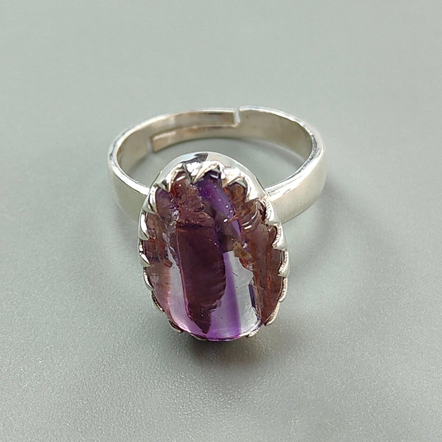 Amethyst Plain Silver Ring: 5.47gms Natural Untreated Super Seven Amethyst Oval Shape Plain 925 Sterling Silver Bezel Set Adjustable Ring