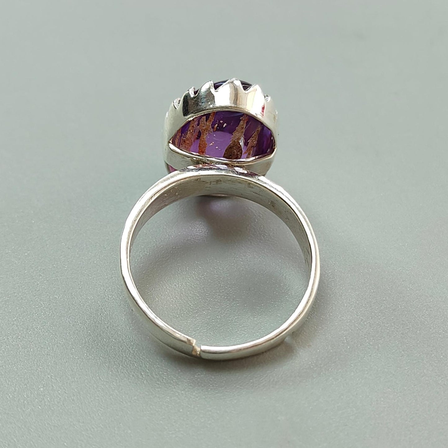 Amethyst Plain Silver Ring: 5.47gms Natural Untreated Super Seven Amethyst Oval Shape Plain 925 Sterling Silver Bezel Set Adjustable Ring