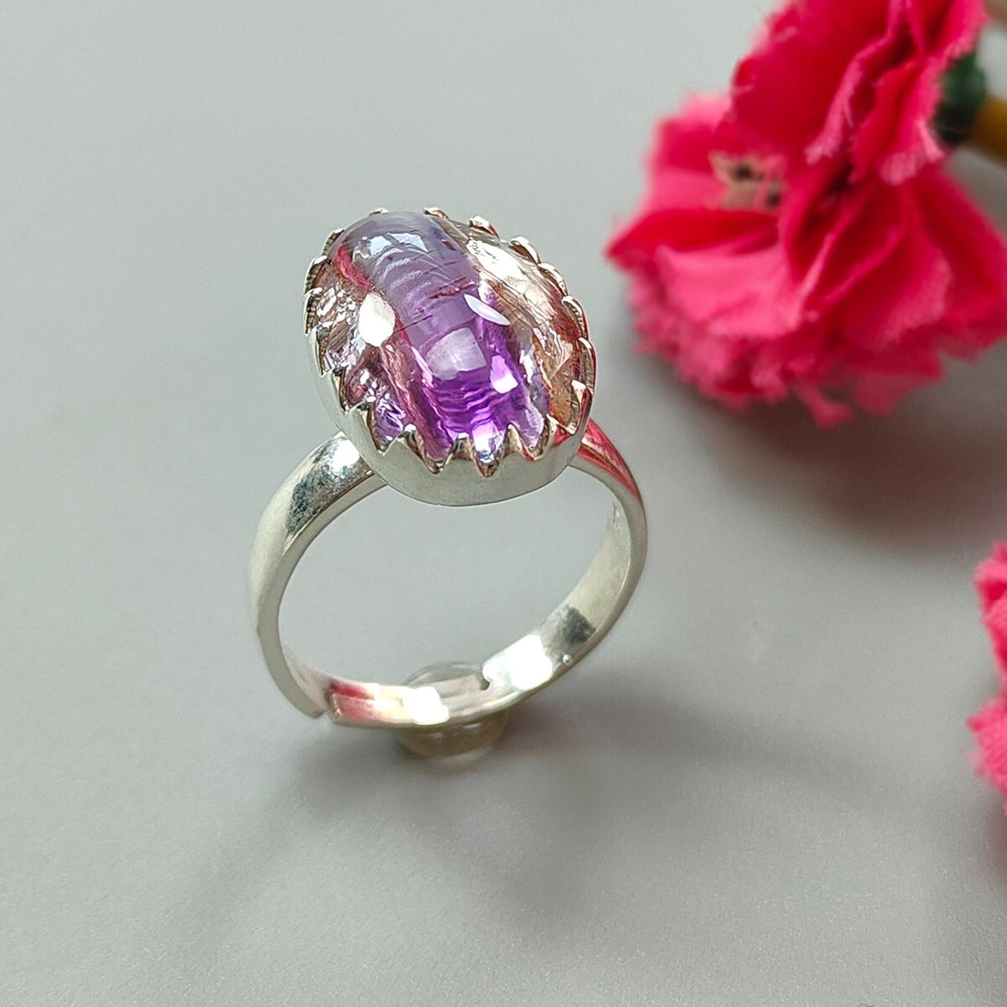 Amethyst Plain Silver Ring: 5.47gms Natural Untreated Super Seven Amethyst Oval Shape Plain 925 Sterling Silver Bezel Set Adjustable Ring