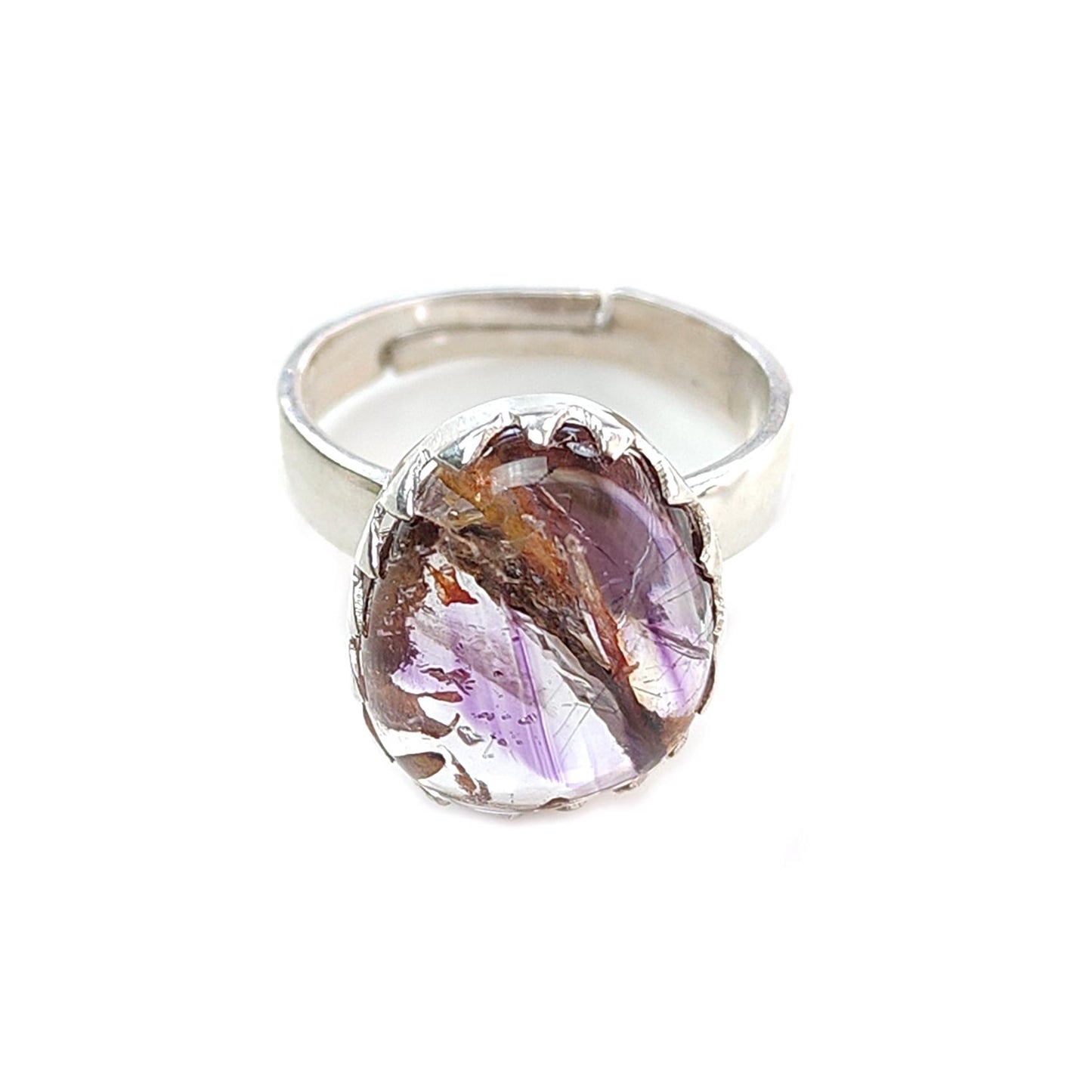 Amethyst Plain Silver Ring: 5.52gms Natural Untreated Super Seven Amethyst Fancy Shape Plain 925 Sterling Silver Bezel Set Adjustable Ring