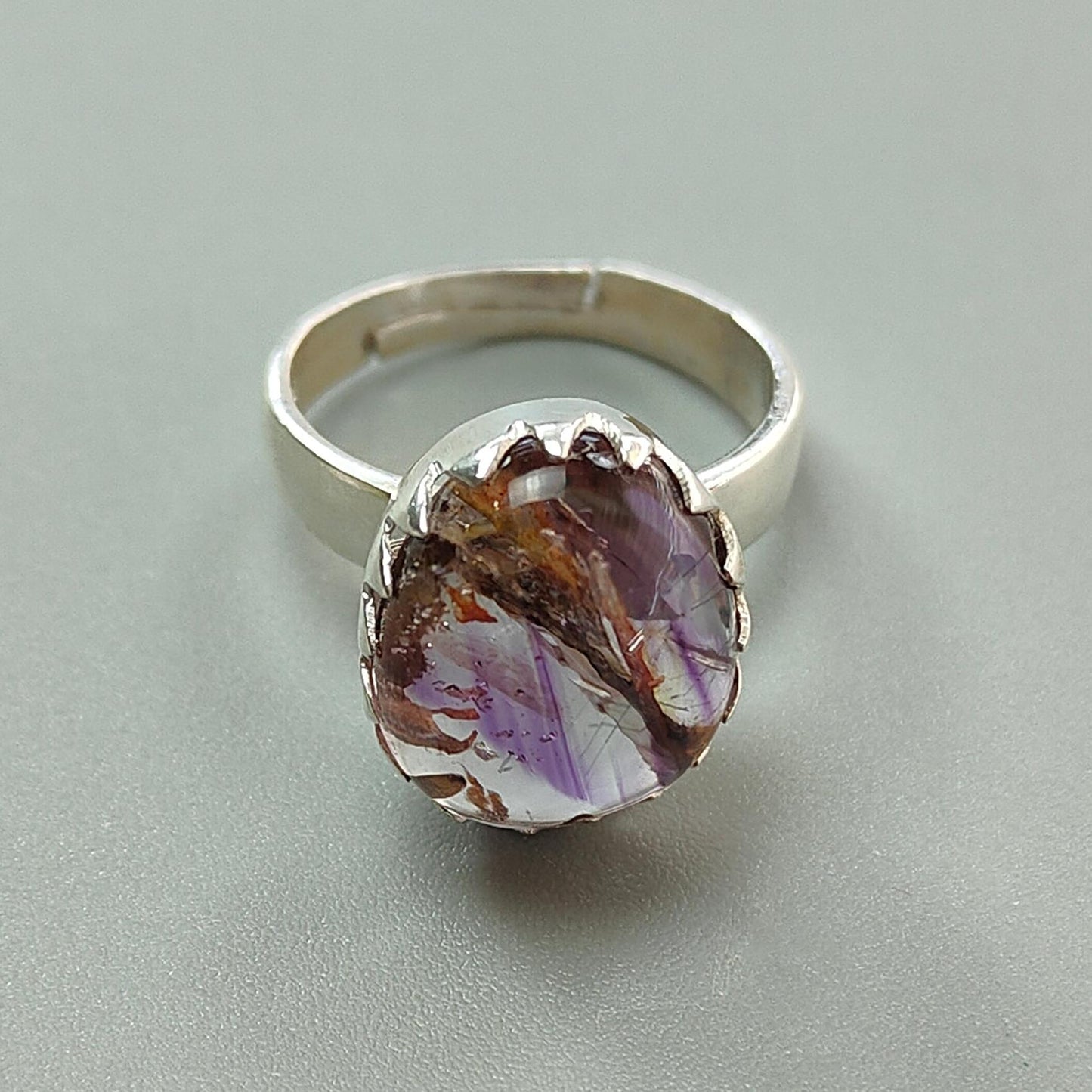 Amethyst Plain Silver Ring: 5.52gms Natural Untreated Super Seven Amethyst Fancy Shape Plain 925 Sterling Silver Bezel Set Adjustable Ring
