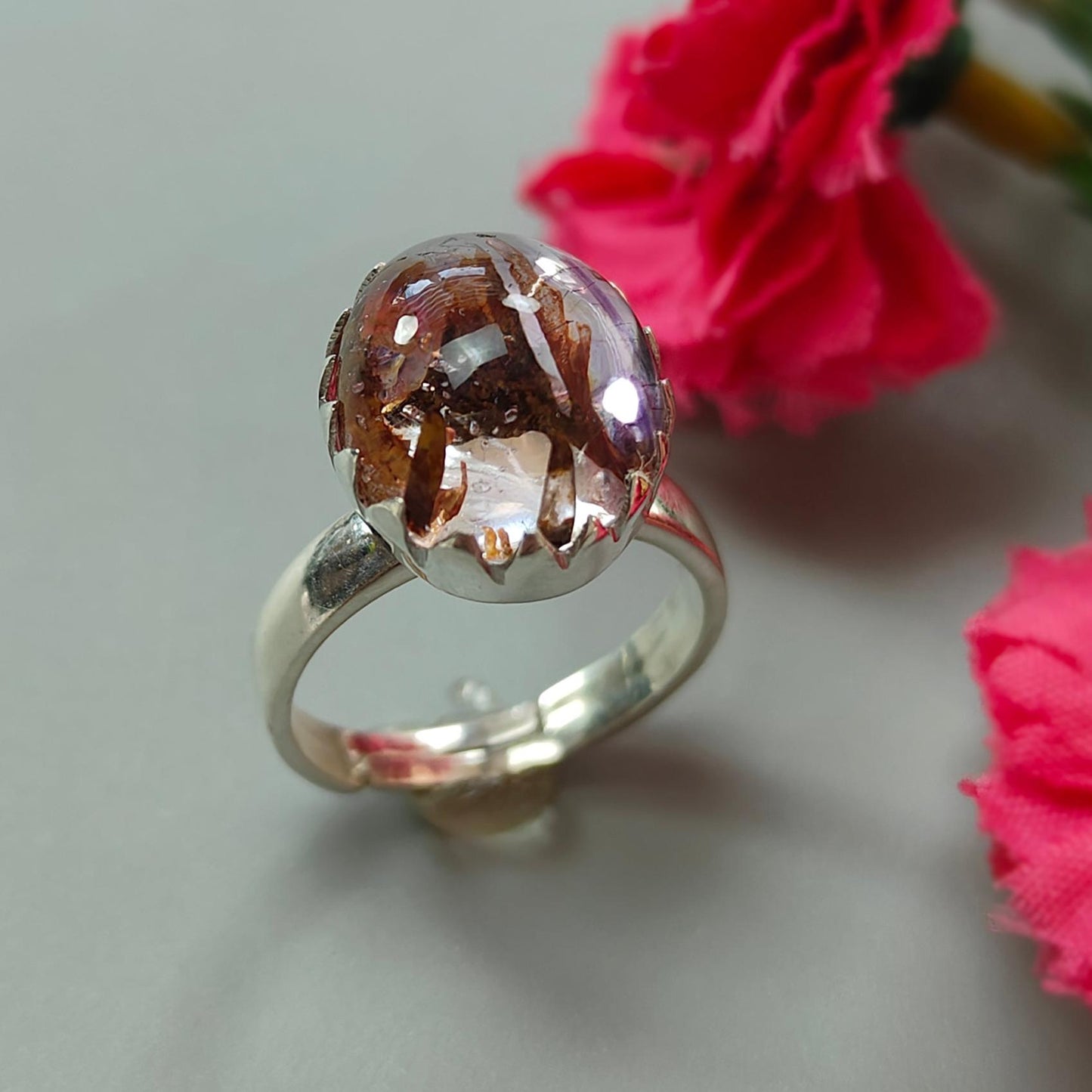 Amethyst Plain Silver Ring: 5.52gms Natural Untreated Super Seven Amethyst Fancy Shape Plain 925 Sterling Silver Bezel Set Adjustable Ring