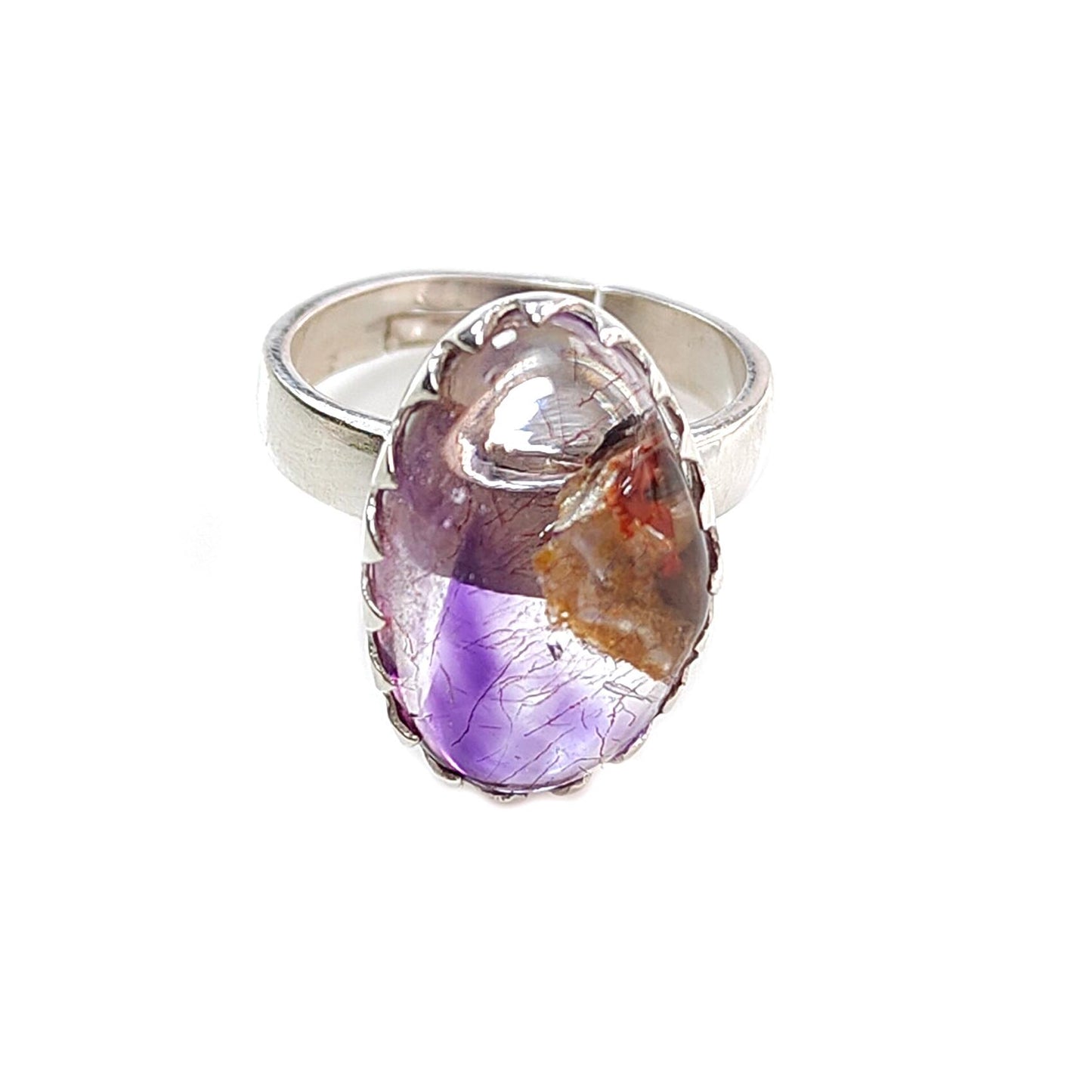 Amethyst Plain Silver Ring: 5.62gms Natural Untreated Super Seven Amethyst Fancy Shape Plain 925 Sterling Silver Bezel Set Adjustable Ring