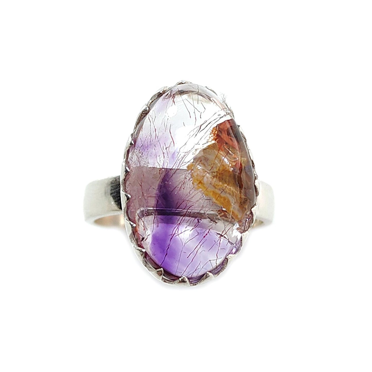 Amethyst Plain Silver Ring: 5.62gms Natural Untreated Super Seven Amethyst Fancy Shape Plain 925 Sterling Silver Bezel Set Adjustable Ring