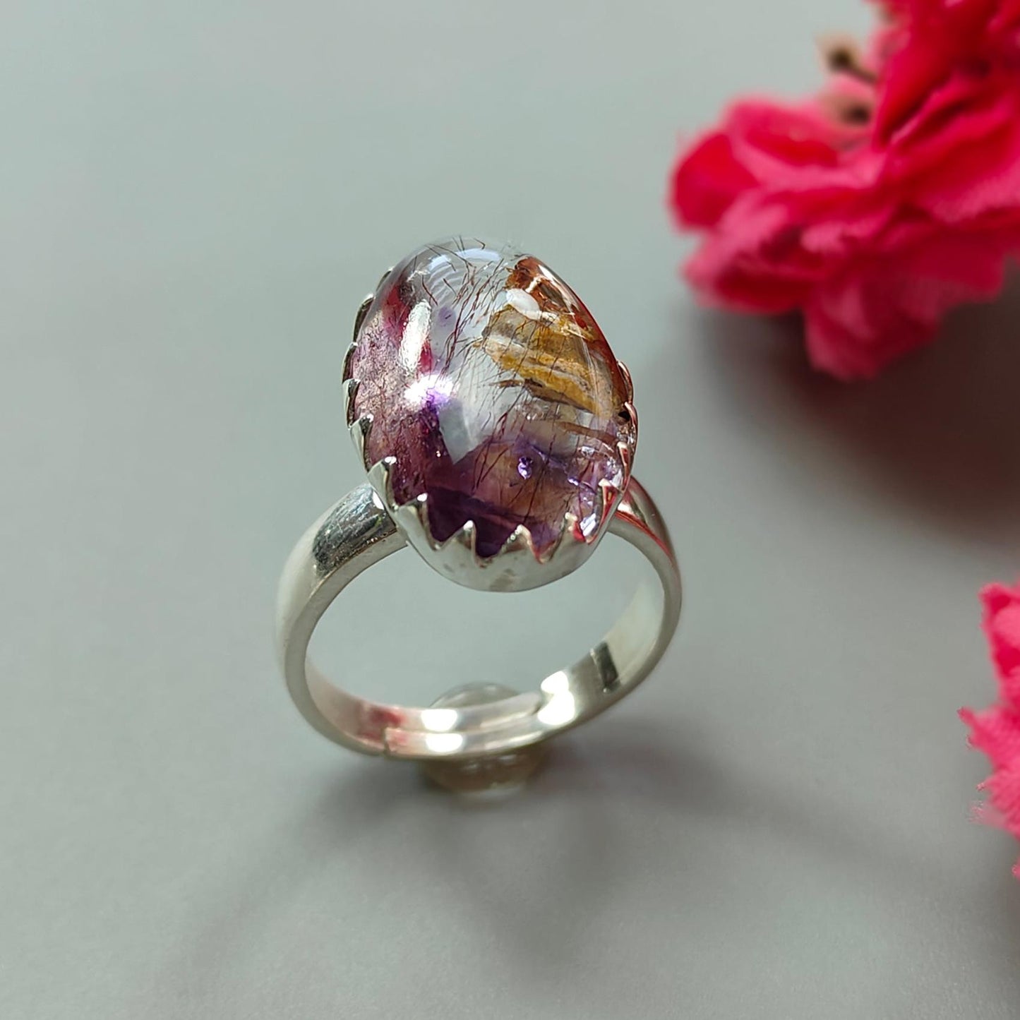 Amethyst Plain Silver Ring: 5.62gms Natural Untreated Super Seven Amethyst Fancy Shape Plain 925 Sterling Silver Bezel Set Adjustable Ring