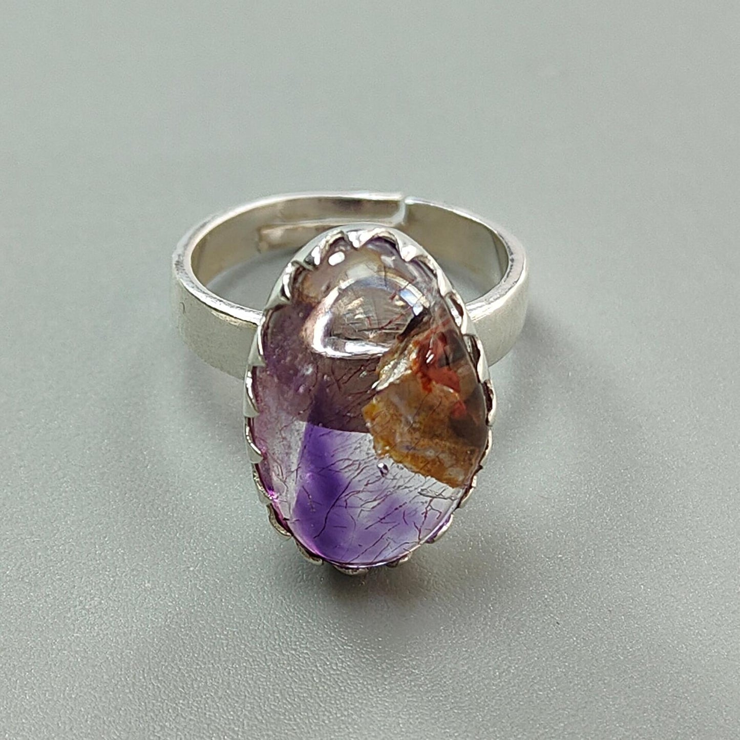 Amethyst Plain Silver Ring: 5.62gms Natural Untreated Super Seven Amethyst Fancy Shape Plain 925 Sterling Silver Bezel Set Adjustable Ring