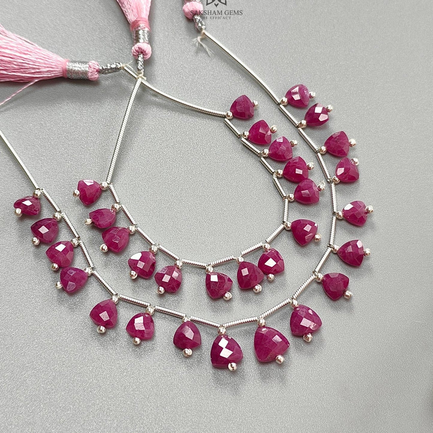 Ruby Checker Faceted Loose Beads: Natural Untreated Red Ruby Gemstone Triangle Shape 925 Sterling Silver Beads For Jewelry