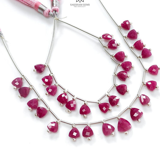 Ruby Checker Faceted Loose Beads: Natural Untreated Red Ruby Gemstone Triangle Shape 925 Sterling Silver Beads For Jewelry