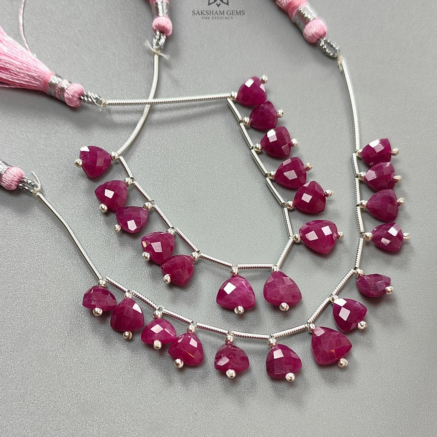 Ruby Checker Faceted Loose Beads: 30.00cts Natural Untreated Red Ruby Gemstone Triangle Shape 925 Sterling Silver Beads For Jewelry 7mm- 8mm