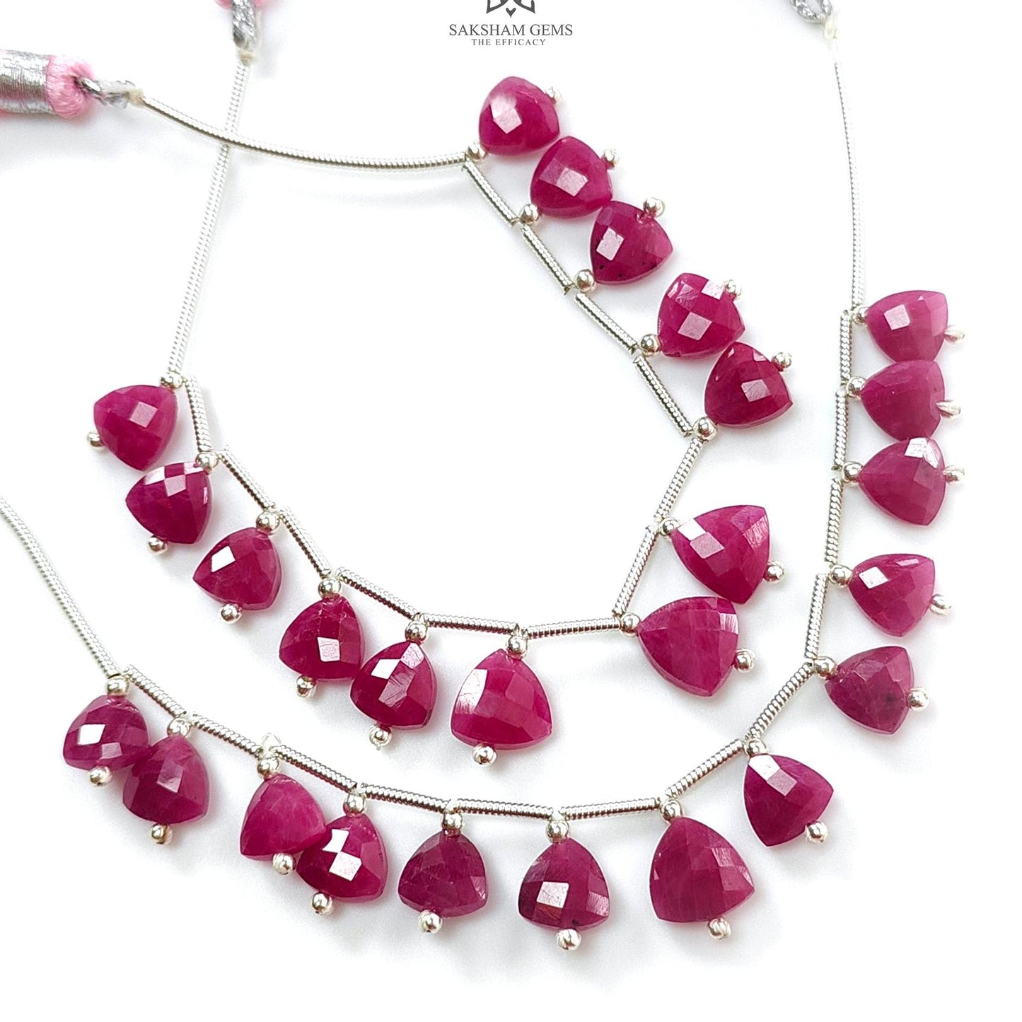 Ruby Checker Faceted Loose Beads: 30.00cts Natural Untreated Red Ruby Gemstone Triangle Shape 925 Sterling Silver Beads For Jewelry 7mm- 8mm