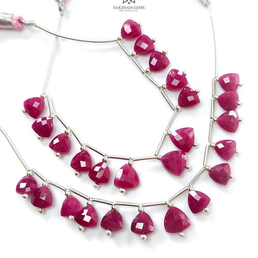 Ruby Checker Faceted Loose Beads: 30.00cts Natural Untreated Red Ruby Gemstone Triangle Shape 925 Sterling Silver Beads For Jewelry 7mm- 8mm