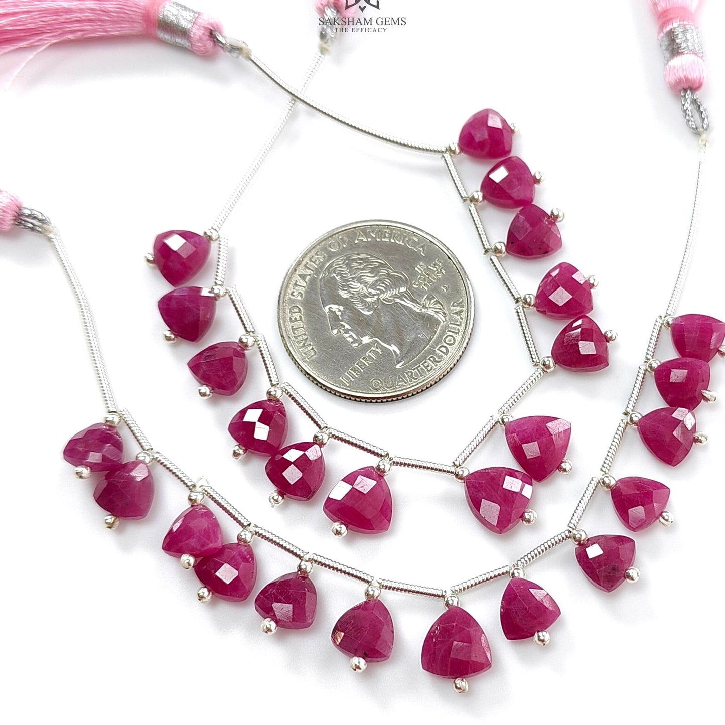 Ruby Checker Faceted Loose Beads: 30.00cts Natural Untreated Red Ruby Gemstone Triangle Shape 925 Sterling Silver Beads For Jewelry 7mm- 8mm