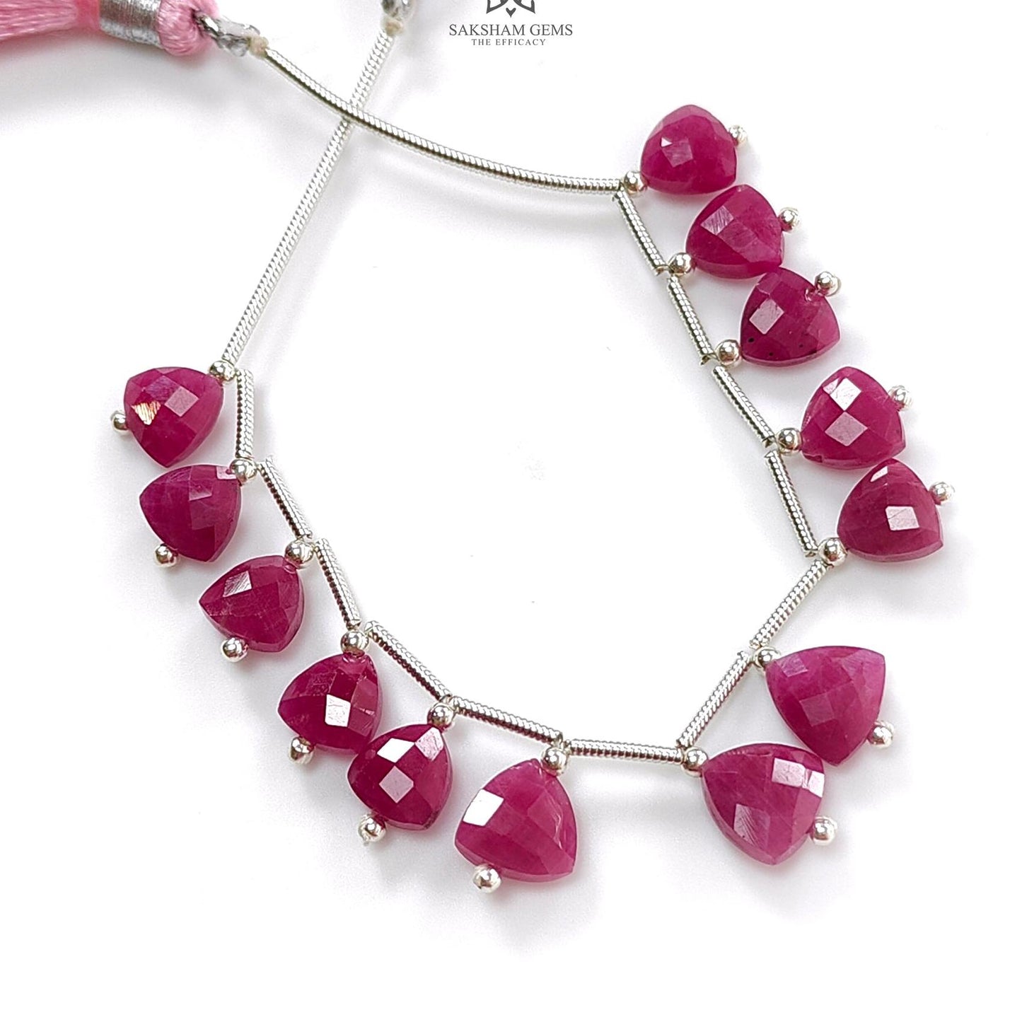 Ruby Checker Faceted Loose Beads: 30.00cts Natural Untreated Red Ruby Gemstone Triangle Shape 925 Sterling Silver Beads For Jewelry 7mm- 8mm