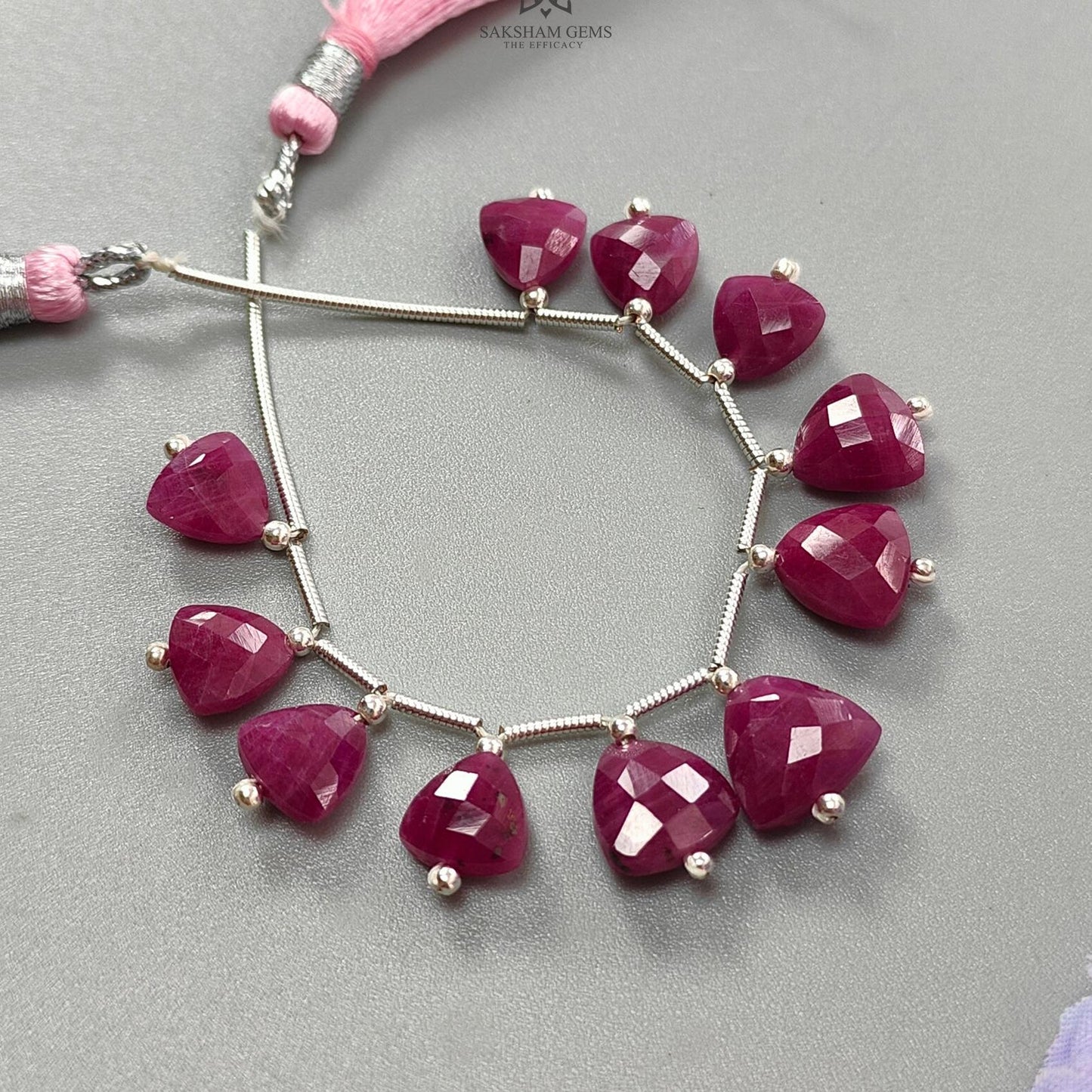 Ruby Checker Faceted Loose Beads: 34.70cts Natural Untreated Red Ruby Gemstone Triangle Shape 925Sterling Silver Beads For Jewelry 8mm- 10mm