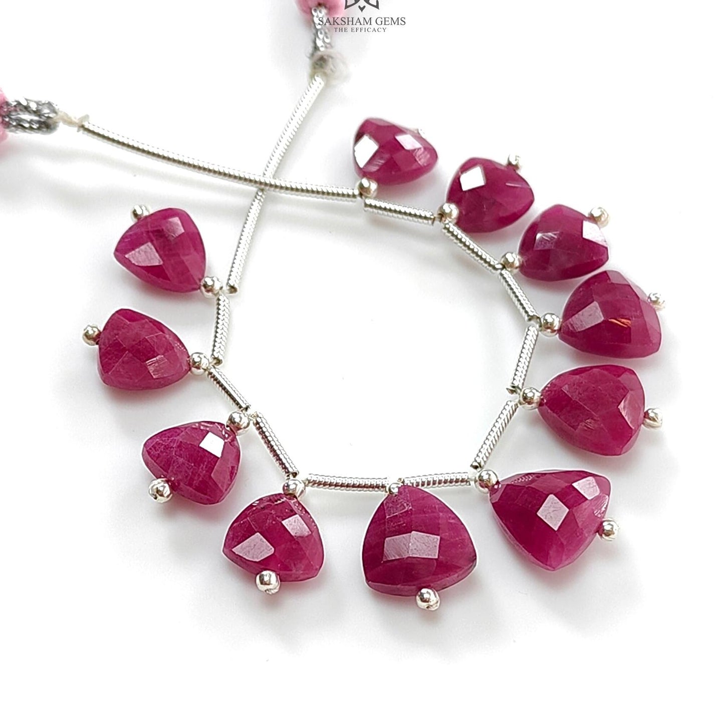 Ruby Checker Faceted Loose Beads: 34.70cts Natural Untreated Red Ruby Gemstone Triangle Shape 925Sterling Silver Beads For Jewelry 8mm- 10mm