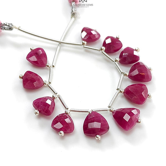 Ruby Checker Faceted Loose Beads: 34.70cts Natural Untreated Red Ruby Gemstone Triangle Shape 925Sterling Silver Beads For Jewelry 8mm- 10mm
