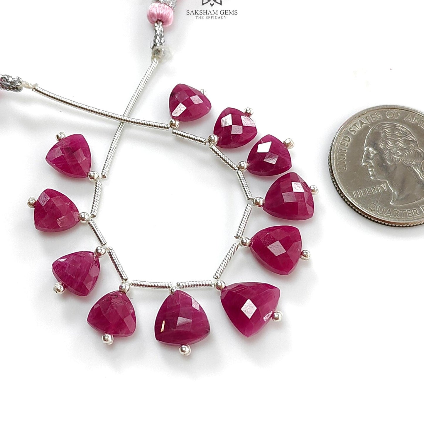 Ruby Checker Faceted Loose Beads: 34.70cts Natural Untreated Red Ruby Gemstone Triangle Shape 925Sterling Silver Beads For Jewelry 8mm- 10mm