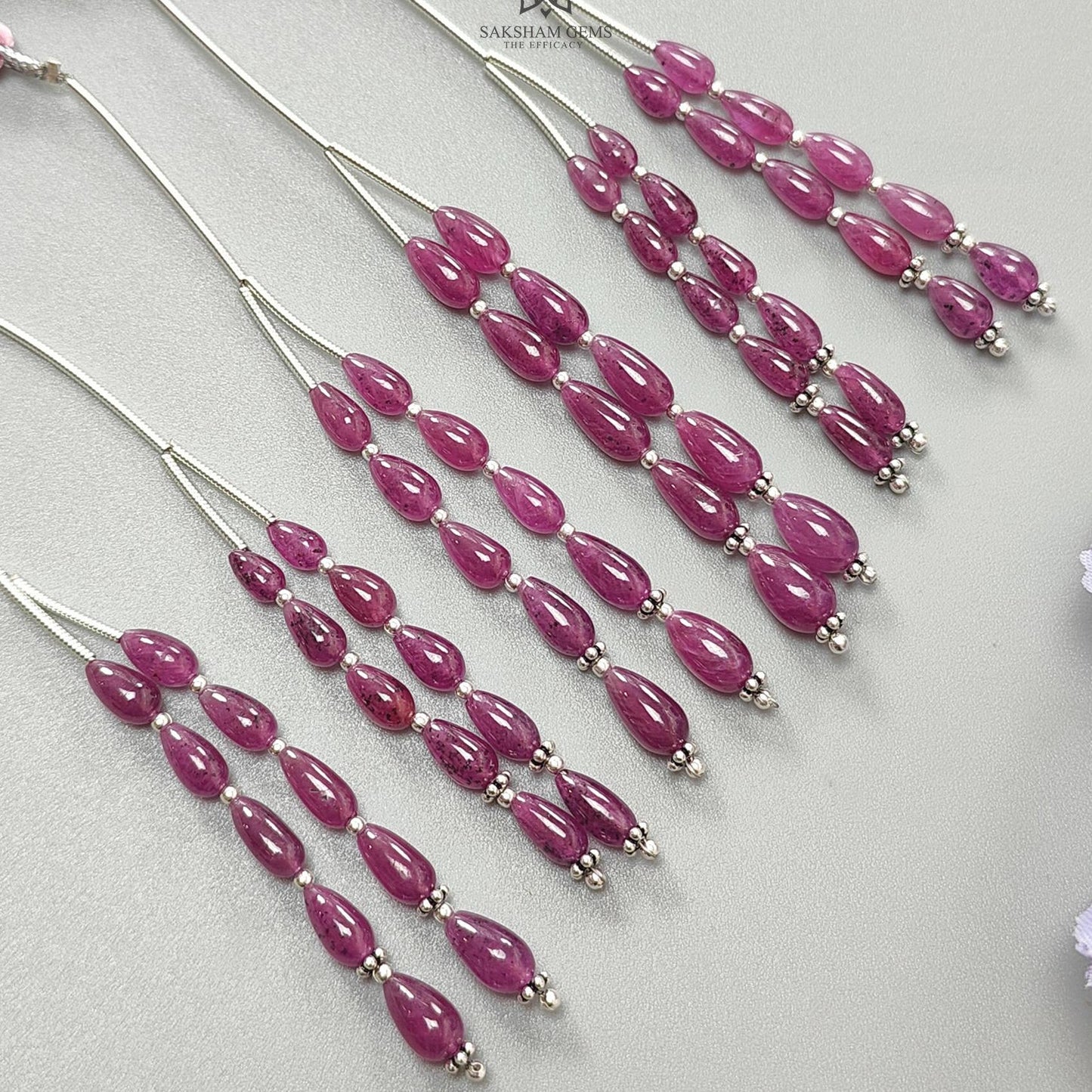 Purple Ruby Teardrop Loose Beads: 17.30Cts Natural Untreated Ruby Gemstone 925 Sterling Silver 2" 7mm - 8mm Plain Beads