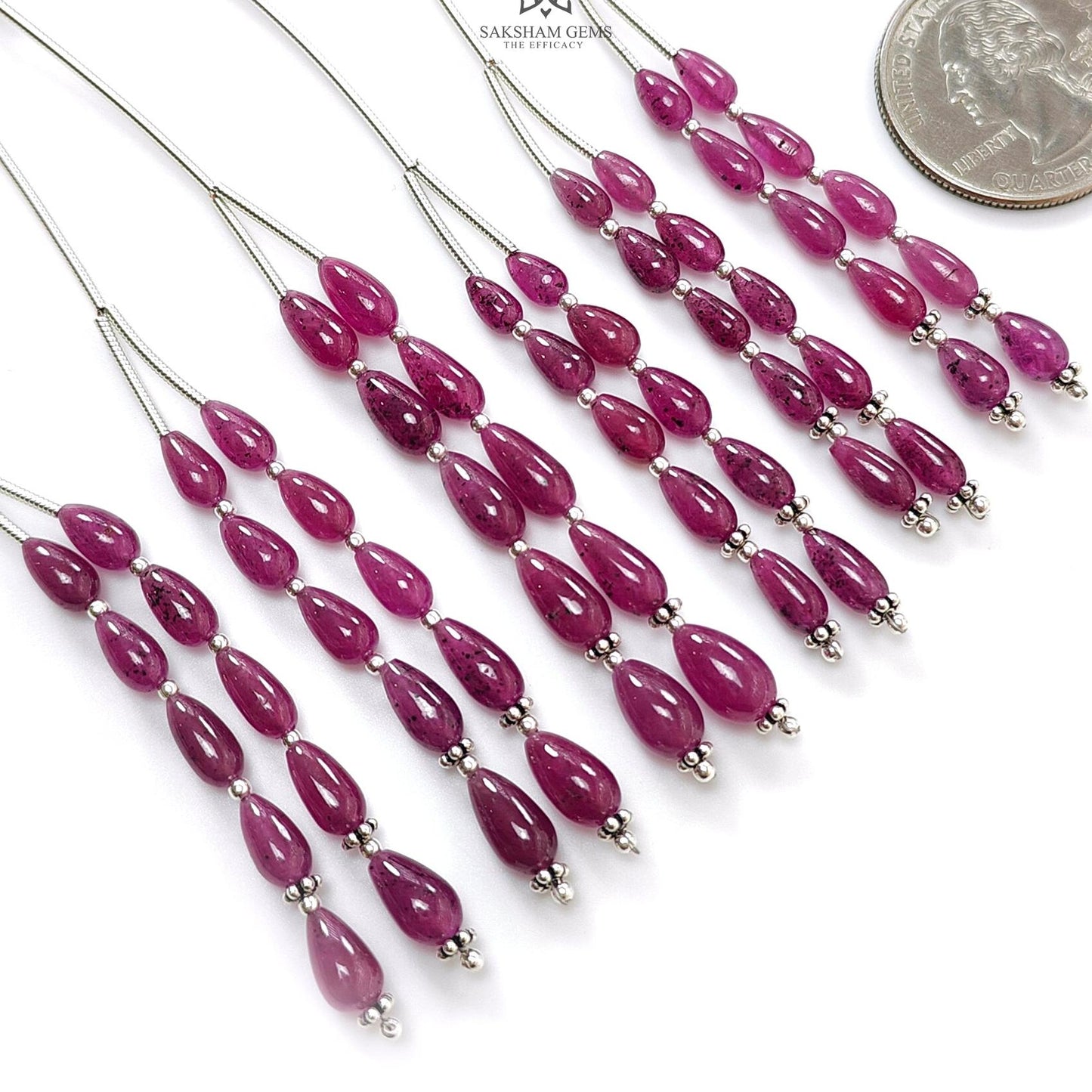 Purple Ruby Teardrop Loose Beads: 17.30Cts Natural Untreated Ruby Gemstone 925 Sterling Silver 2" 7mm - 8mm Plain Beads
