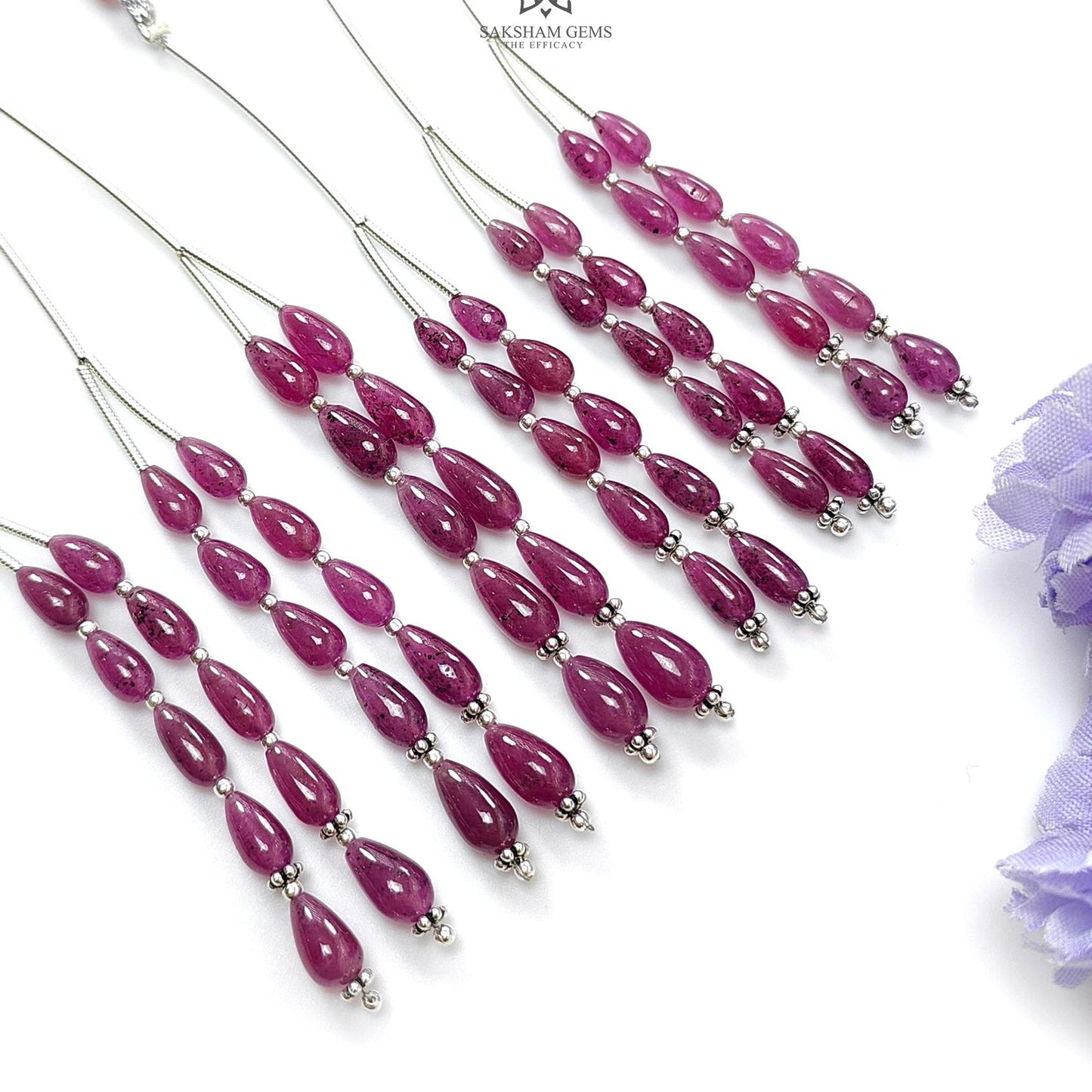 Purple Ruby Teardrop Loose Beads: 17.30Cts Natural Untreated Ruby Gemstone 925 Sterling Silver 2" 7mm - 8mm Plain Beads