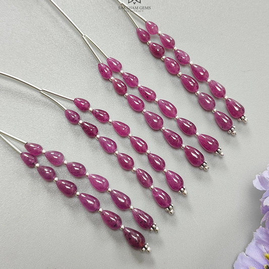 Purple Ruby Teardrop Loose Beads: 19.90Cts Natural Untreated Ruby Gemstone 925 Sterling Silver 2" - 5.5mm - 7.5mm  Plain Beads