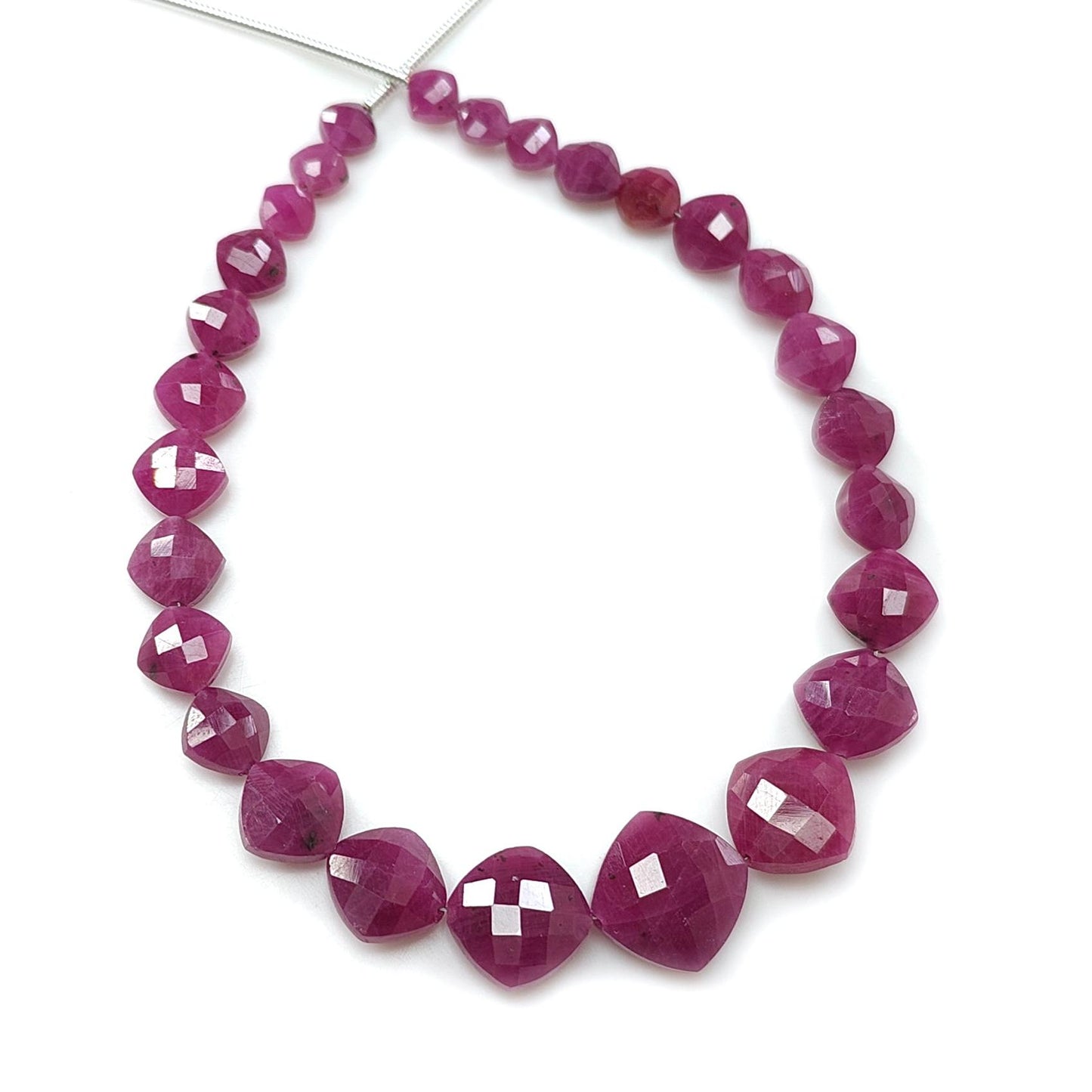 Red Ruby Faceted Loose Beads: 46.20cts Natural Untreated Unheated Ruby Gemstone Checker Cut Briolette Cushion Beads 4mm - 10mm, 7" Strand