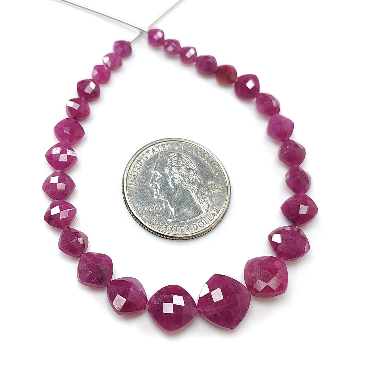 Red Ruby Faceted Loose Beads: 46.20cts Natural Untreated Unheated Ruby Gemstone Checker Cut Briolette Cushion Beads 4mm - 10mm, 7" Strand