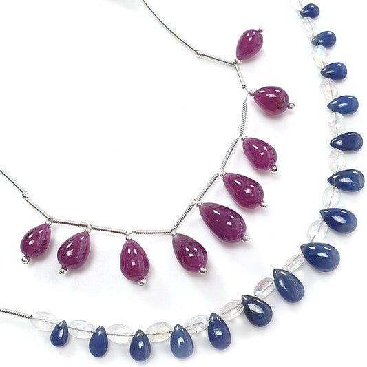 Purple Ruby Blue Sapphire Moonstone Loose Beads: Natural Untreated Ruby, Sapphire Pear, Teardrops Cushion 925 Sterling Silver Plain Beads